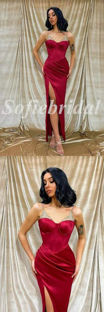 Sexy Satin Spaaghetti Straps V-Neck sleeveless Side Slit Mermaid Long Prom Dresses, PD0829