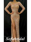Sexy Sequin V-Neck Long Sleeve Side Slit Mermaid Long Prom Dresses,SFPD0733