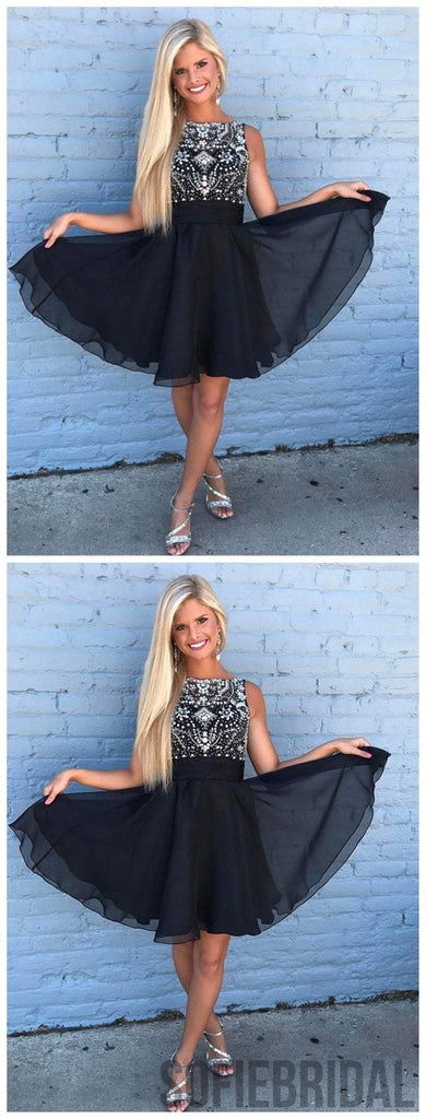 Cute Rhinestone Beaded Chiffon Short Black Homecoming Dresses 2018, CM492