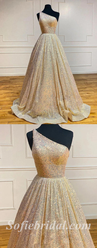 Sexy Sequin One Shoulder Sleeveless A-Line Long Prom Dresses,SFPD0512