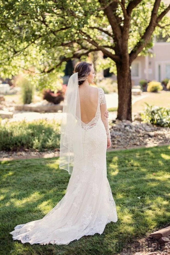 Mermaid V-neck Long Sleeves Lace Backless Wedding Dresses, WD0307