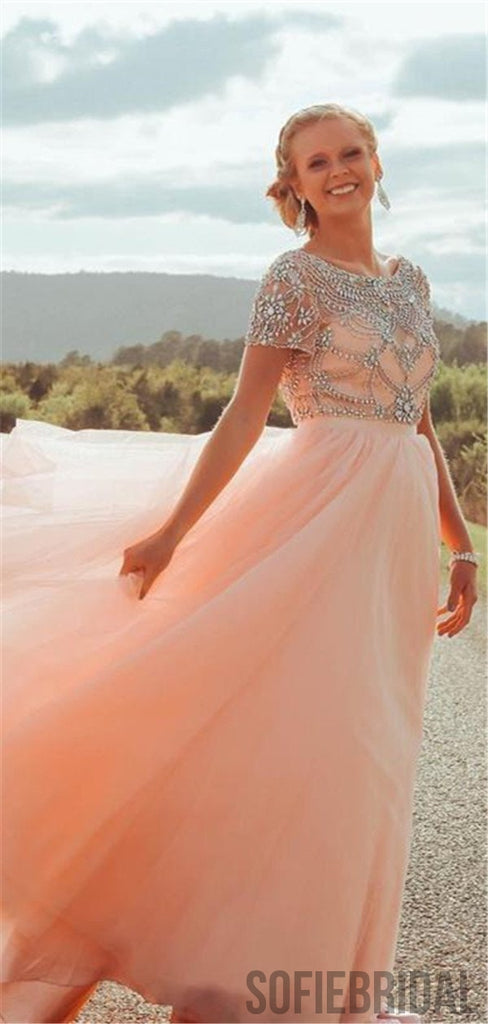 A-line Floor-length Short Sleeves Beading Top Prom Dresses, PD0032