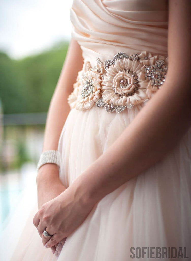 Sweetheart Blush Pink Long A-line Tulle Prom Dresses, WD0286