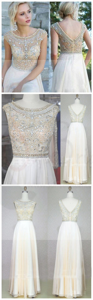 Cap Sleeves Prom Dresses Long A-line Prom Dresses, Gorgeous Round Neck Rhinestone Bridal Gown, WD0122