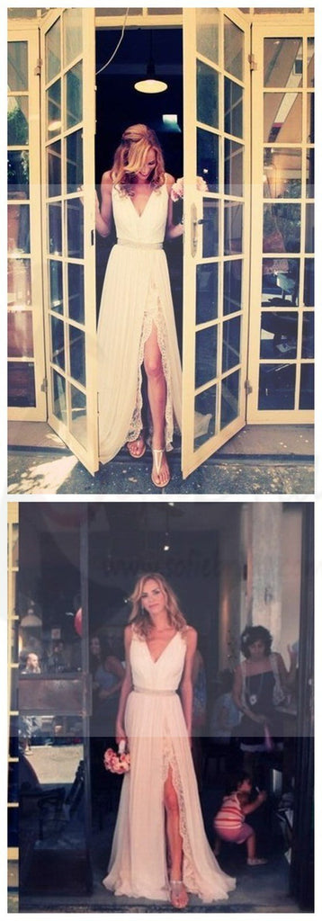 V-Neck White Lace Prom Dresses, Sexy Side Slit Simple Wedding Dresses
