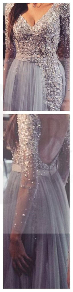 Long sleeve Prom Dresses, Grey Prom Dresses, Lace Prom Dresses, Backless Prom Dresses, V-Neck Prom Dresses, Custom Prom Dresses, PD0038