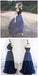 Two Pieces Sexy A-Line Navy Satin Prom Dresses, Cheap Custom Prom Dress