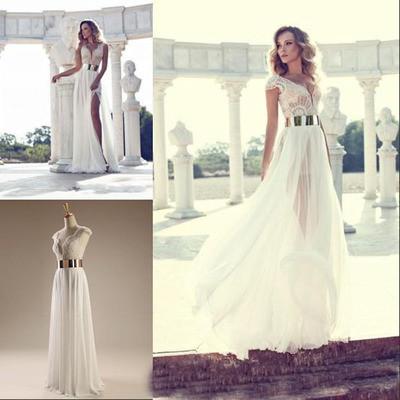 Cap Sleeves Sexy V-neck Side Slit Wedding Dresses, WD0121