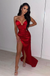 Sexy Satin Sweetheart Sleeveless V-Neck Side Slit Sheath Long Prom Dresses,SFPD0288