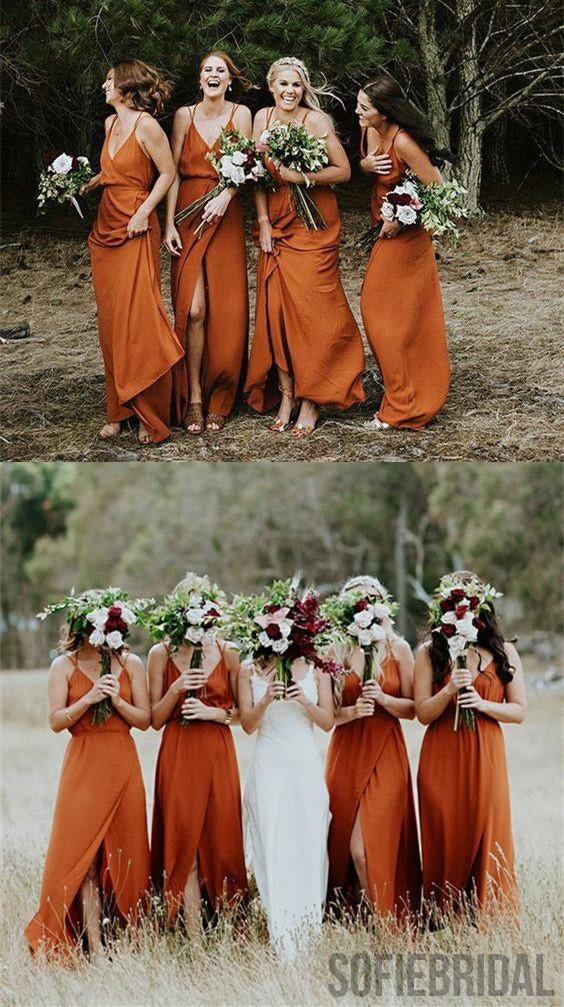 Spaghetti Straps V-neck Simple Long Bridesmaid Dresses With Split, BD1045