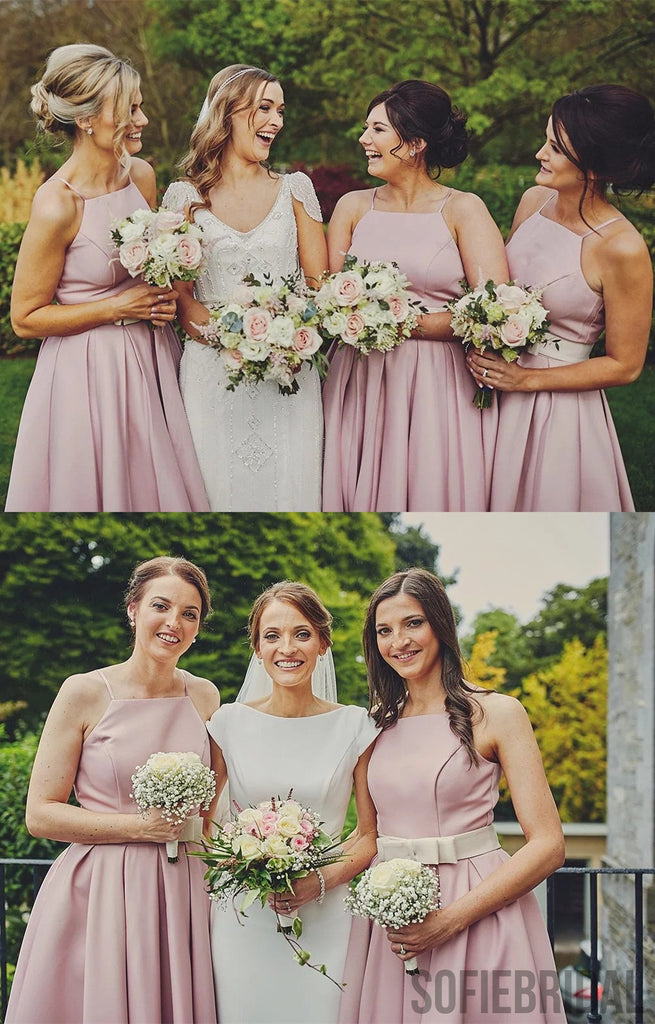 Spaghetti Straps Pink Short Bridesmaid Dresses With Belt, BD1038