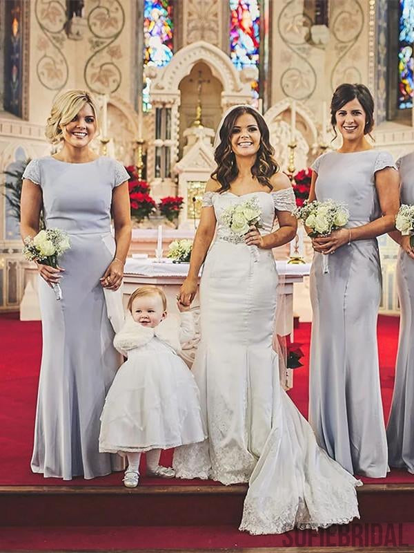 Sheath Floor-length Lace Cap Sleeves Long Bridesmaid Dresses, BD1035