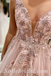 Elegant Tulle Spaghetti Straps V-Neck Sleeveless A-Line Long Prom Dresses With Applique And Beading,SFPD0542
