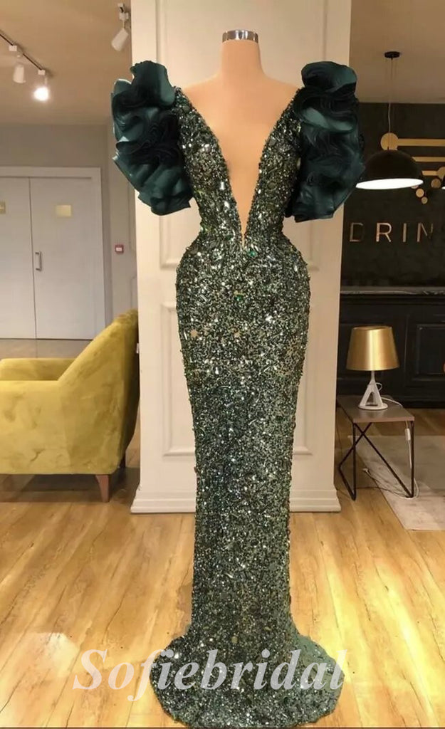 Sexy Shiny Sequin Short Sleeve Deep V-Neck Mermaid Long prom Dresses,SFPD0716