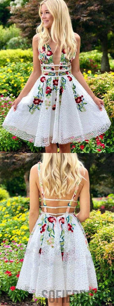 A-line Deep V-neck Appliques Backless Short Homecoming Dresses, HD0110