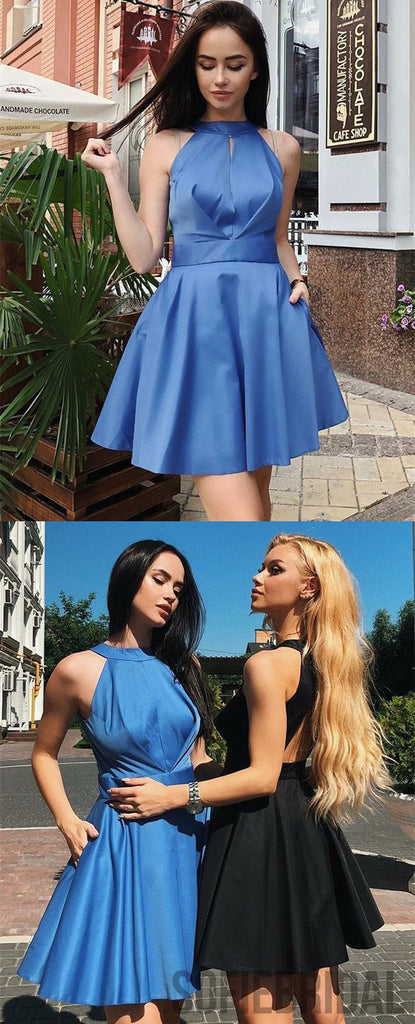 Newest Halter Simple Satin Open-back Short Homecoming Dress, HD0138