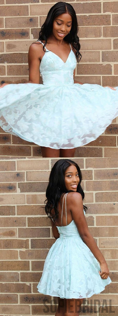 Spaghetti Straps V-neck Backless Lace Homecoming Dresses, HD0114