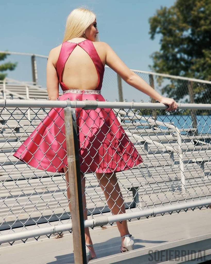 Halter Sleeveless Open-back Beading Short Satin Homecoming Dress, HD0137