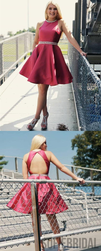 Halter Sleeveless Open-back Beading Short Satin Homecoming Dress, HD0137