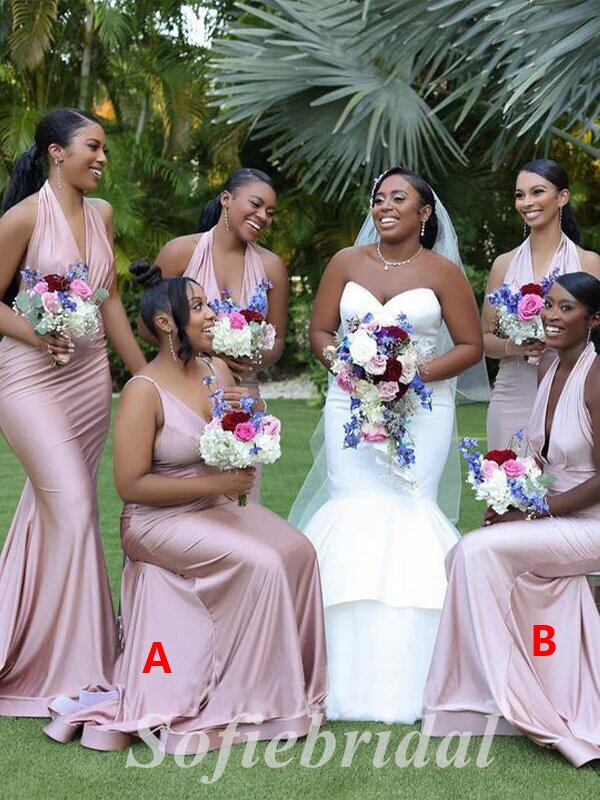 Mismatched Sexy Soft Satin V-Neck Sleeveless Mermaid Floor Length Bridesmaid Dressses,SFWG00482