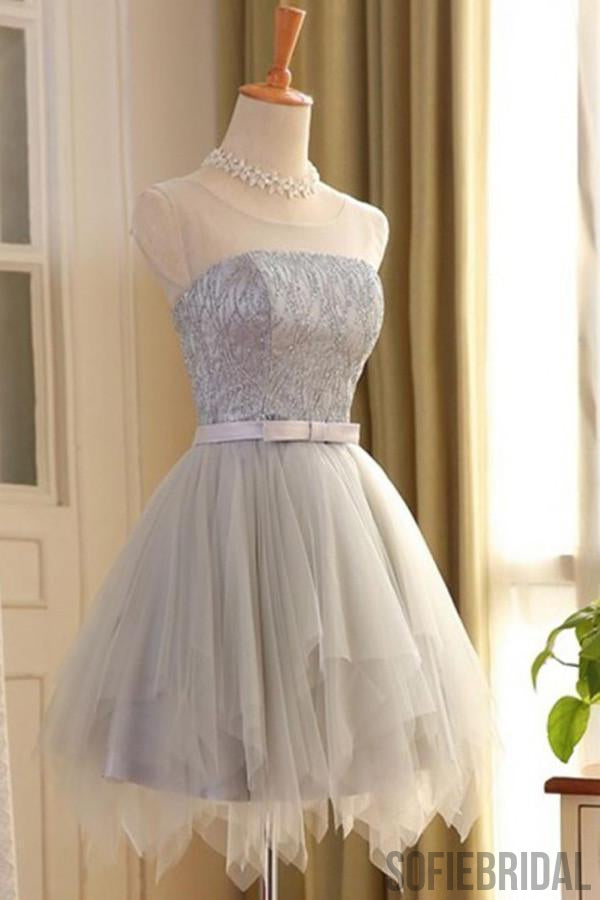 Grey Scoop Neck Lace Beaded Homecoming Dresses 2018, CM417