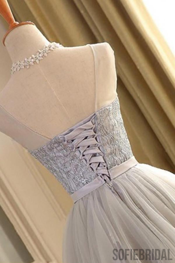 Grey Scoop Neck Lace Beaded Homecoming Dresses 2018, CM417