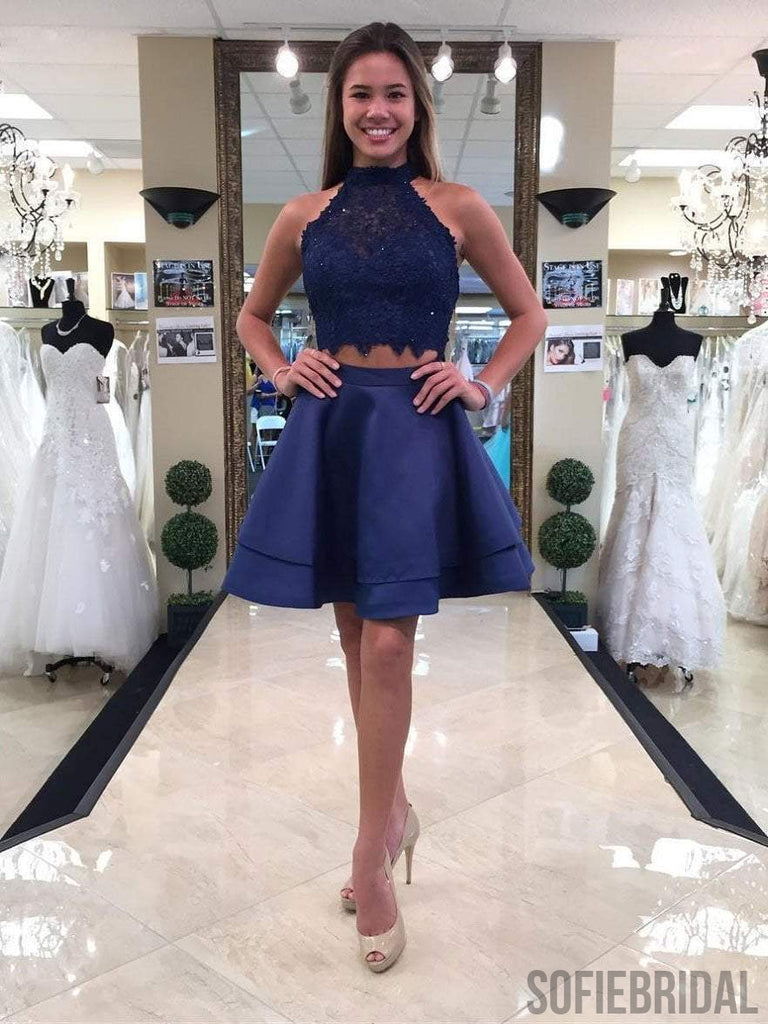 Two Pieces Blue Lace Halter Cheap Homecoming Dresses 2018, CM410