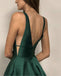 V-neck Long A-line Emerald Green Satin Prom Dresses, PD0974