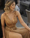 V-neck Rhinestone Long A-line Side Slit Prom Dresses, PD0980