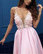 Pink Spaghetti Long A-line Satin Lace Prom Dresses, PD0983
