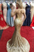 Sexy Gold Sequin Spaghetti Straps V-Neck Sleeveless Lace Up Side Slit Mermaid Long Prom Dresses,SFPD0620