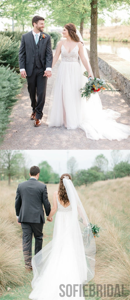 Spaghetti Straps V-neck Beading Top Wedding Dresses With Split, WD0305