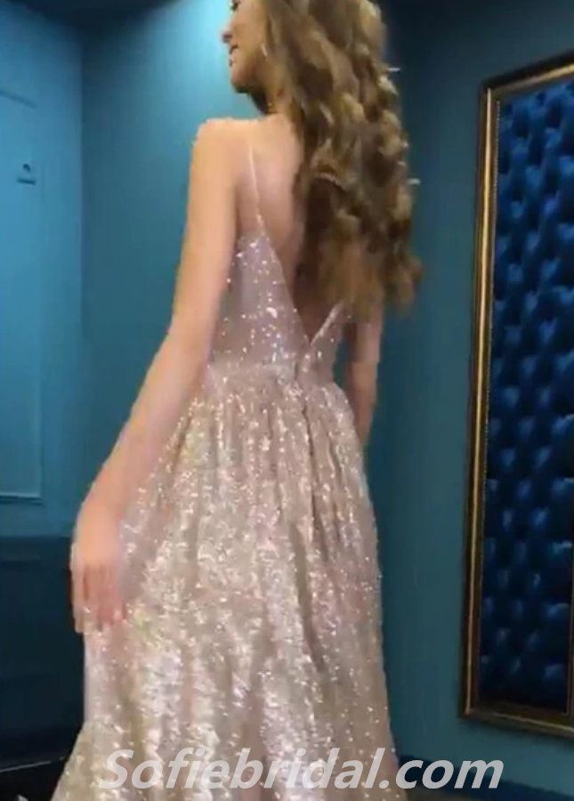 Sexy Sequin Spaghetti Straps Deep V Neck A-Line Long Prom Dresses,SFPD0284