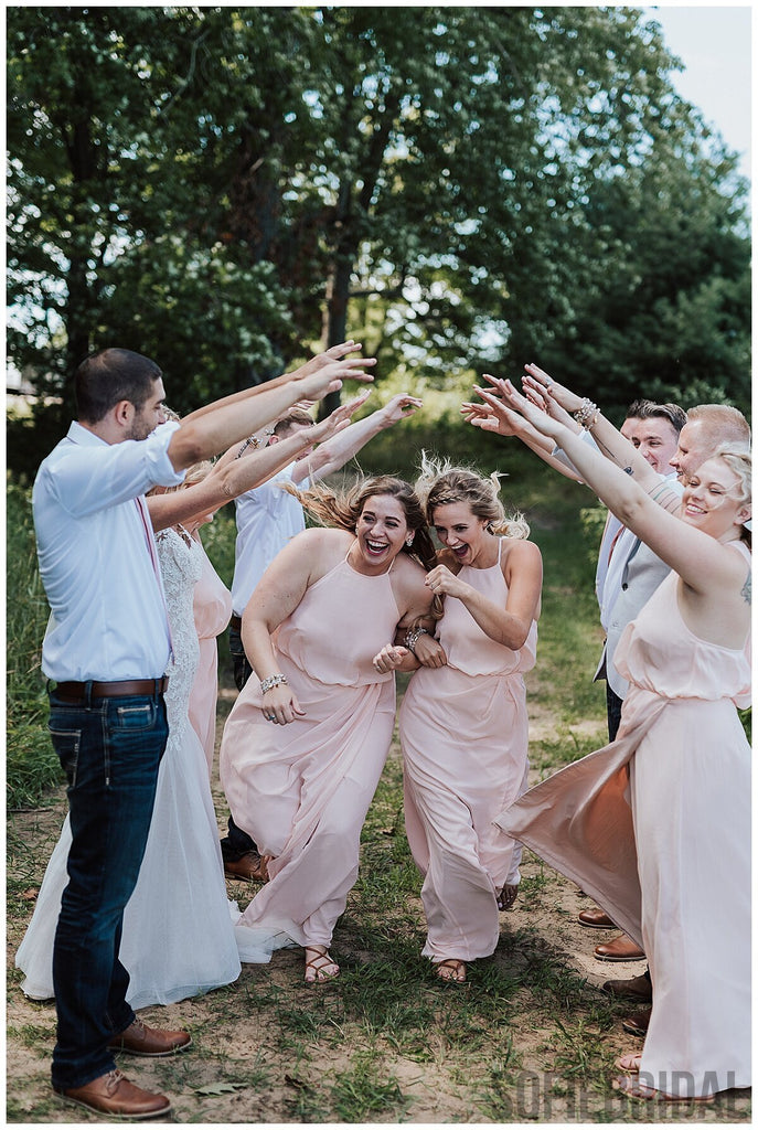 Sheath Halter Sleeveless Pink Chiffon Bridesmaid Dresses With Split, BD1083