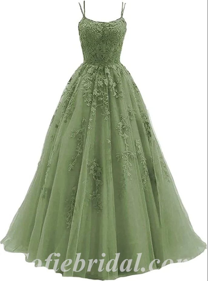 Elegant Tulle And Lace Spaghetti Straps Sleeveless A-Line Long Prom Dresses/Ball Gown With Applique,SFPD0521