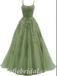 Elegant Tulle And Lace Spaghetti Straps Sleeveless A-Line Long Prom Dresses/Ball Gown With Applique,SFPD0521