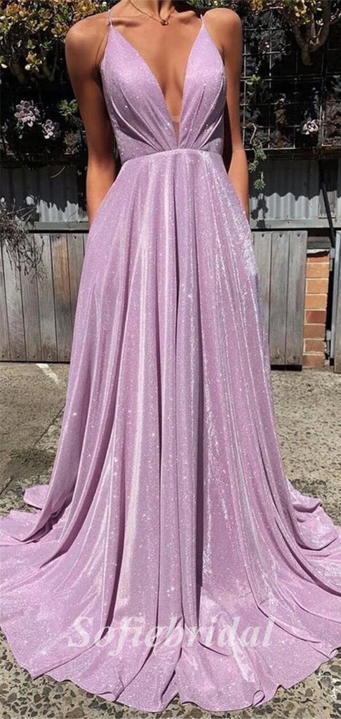 Sexy Special Fabric Spaghetti Straps V-Neck Sleeveless Criss Cross Side slit A-Line Long Prom Dresses,PD0790
