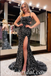 Sexy Black Sequin Spaghetti Straps Square Sleeveless Lace Up Back Mermaid Long Prom Dresses With Side Slit,SFPD0490