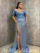 Sexy Blue Sequin Off Shoulder V-Neck Side Slit Mermaid Long Prom Dresses,SFPD0583
