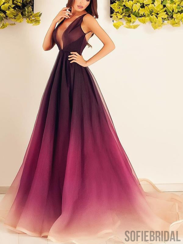 V-neck Long A-line Gradient Unique Cheap Prom Dresses, PD0823