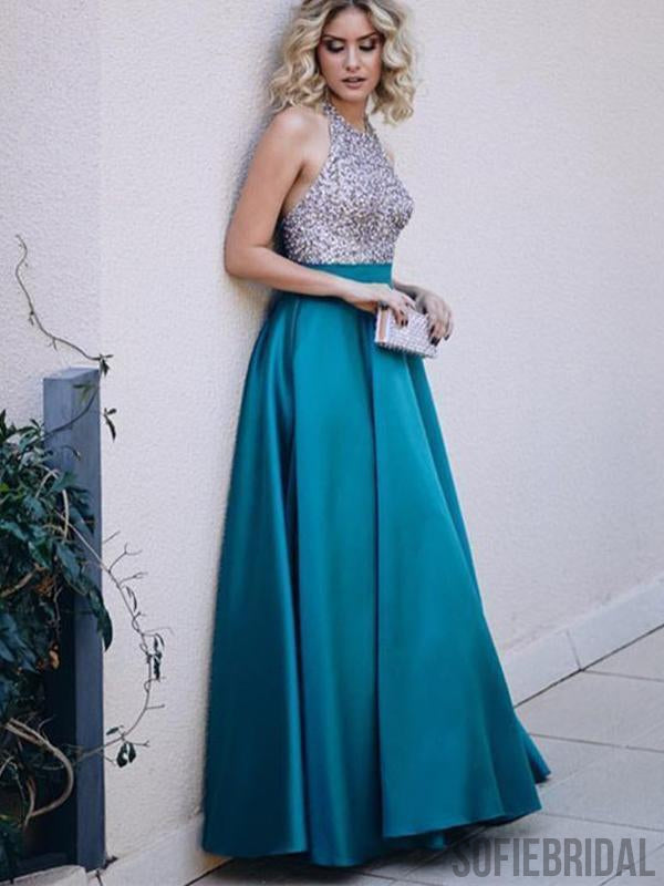 Halter Beaded Long A-line Satin Prom Dresses, PD0874