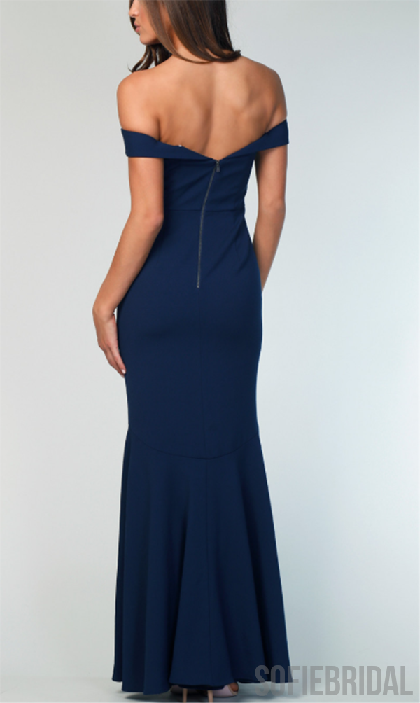 Off Shoulder Long Sheath Navy Bridesmaid Dresses, PD0929