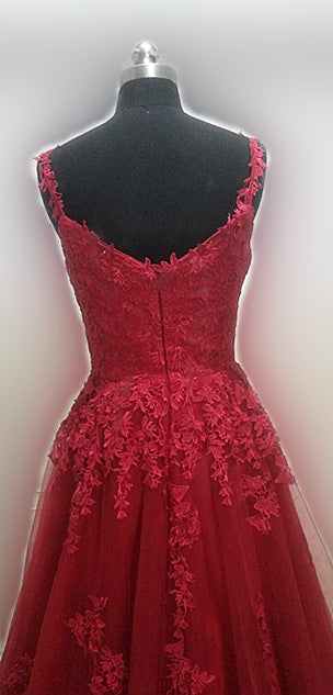 Red Appliques Lace Long A-line Tulle Prom Dresses, PD0791
