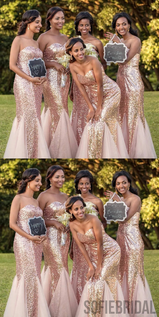Sparkly Mermaid Sweetheart Sequins And Tulle Long Bridesmaid Dresses, BD1055