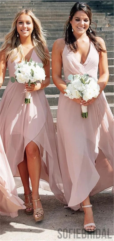 Spaghetti Straps V-neck High Low Blush Pink Bridesmaid Dresses, BD1066