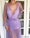Sheath V-neck Long Sleeves All Beadings See-though Long Tulle Prom Dresses, PD0125