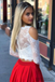 Two-pieces Long Sleeves Lace Top Long Prom Dresses With Pockets, PD1032