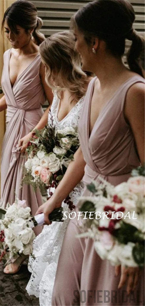 Sheath V-neck Sleeveless Floor-length Long Simple Bridesmaid Dresses, BD1076