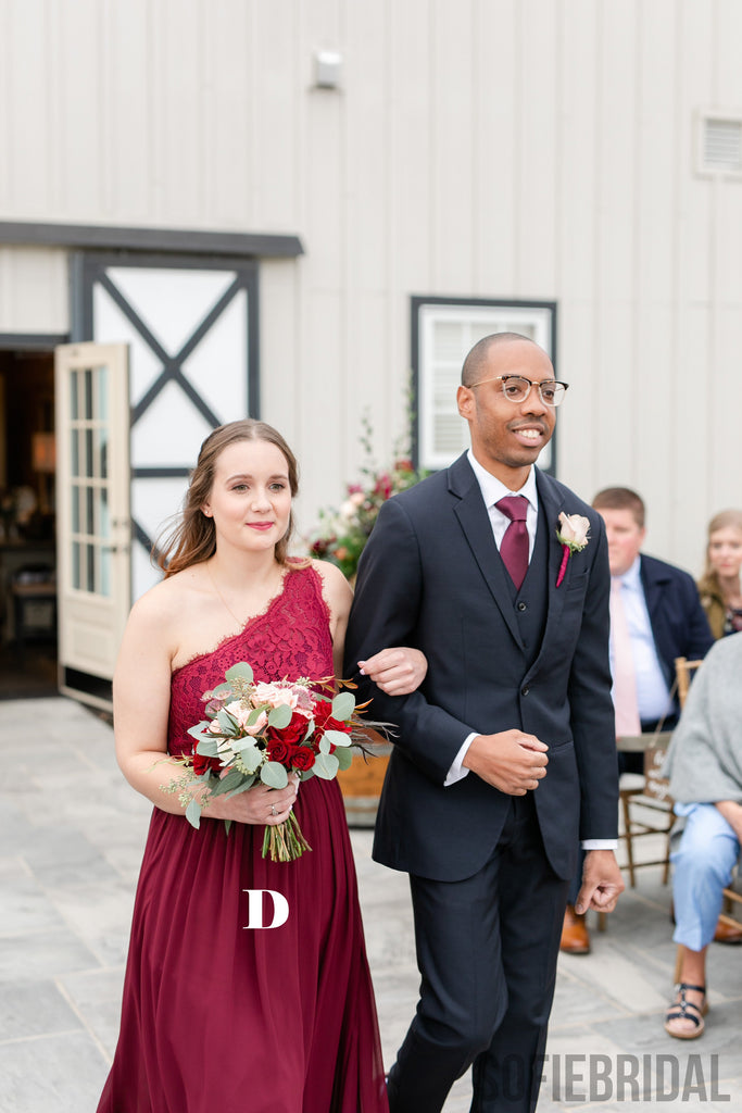 Newest V-neck Straps Off-shoulder Long Lace Chiffon Bridesmaid Dresses, BD1081