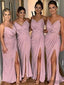 Sheath Spaghetti Strps V-neck Long Split Bridesmaid Dresses With Pleats, BD1086